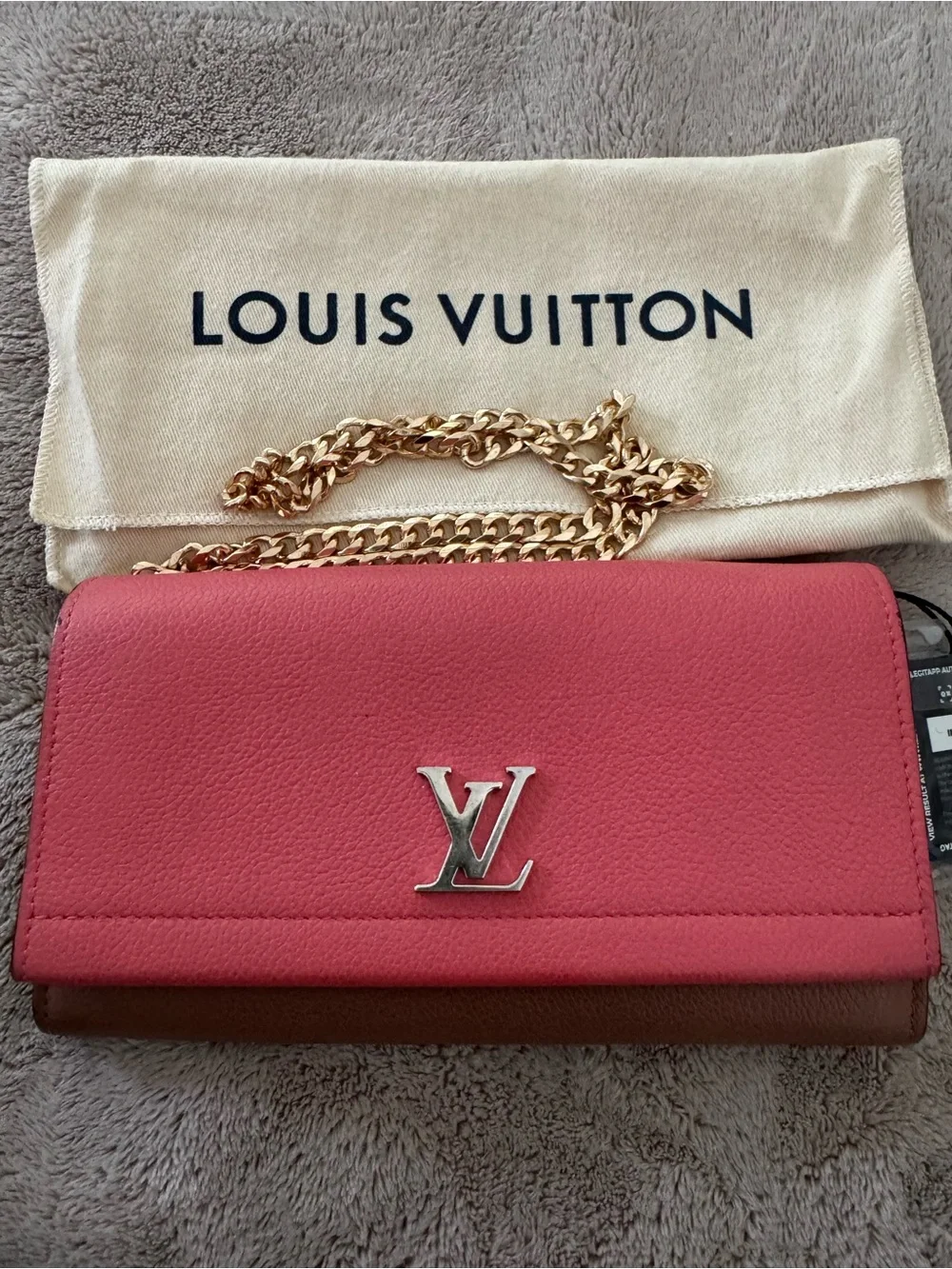 Louis Vuitton Pink and Brown Crossbody Wallet with Gold Chain
